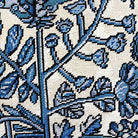 Closeup of Blue Morning Flowers needlepoint throw pillow highlighting hand-stitched wool craftsmanship and fabric detail