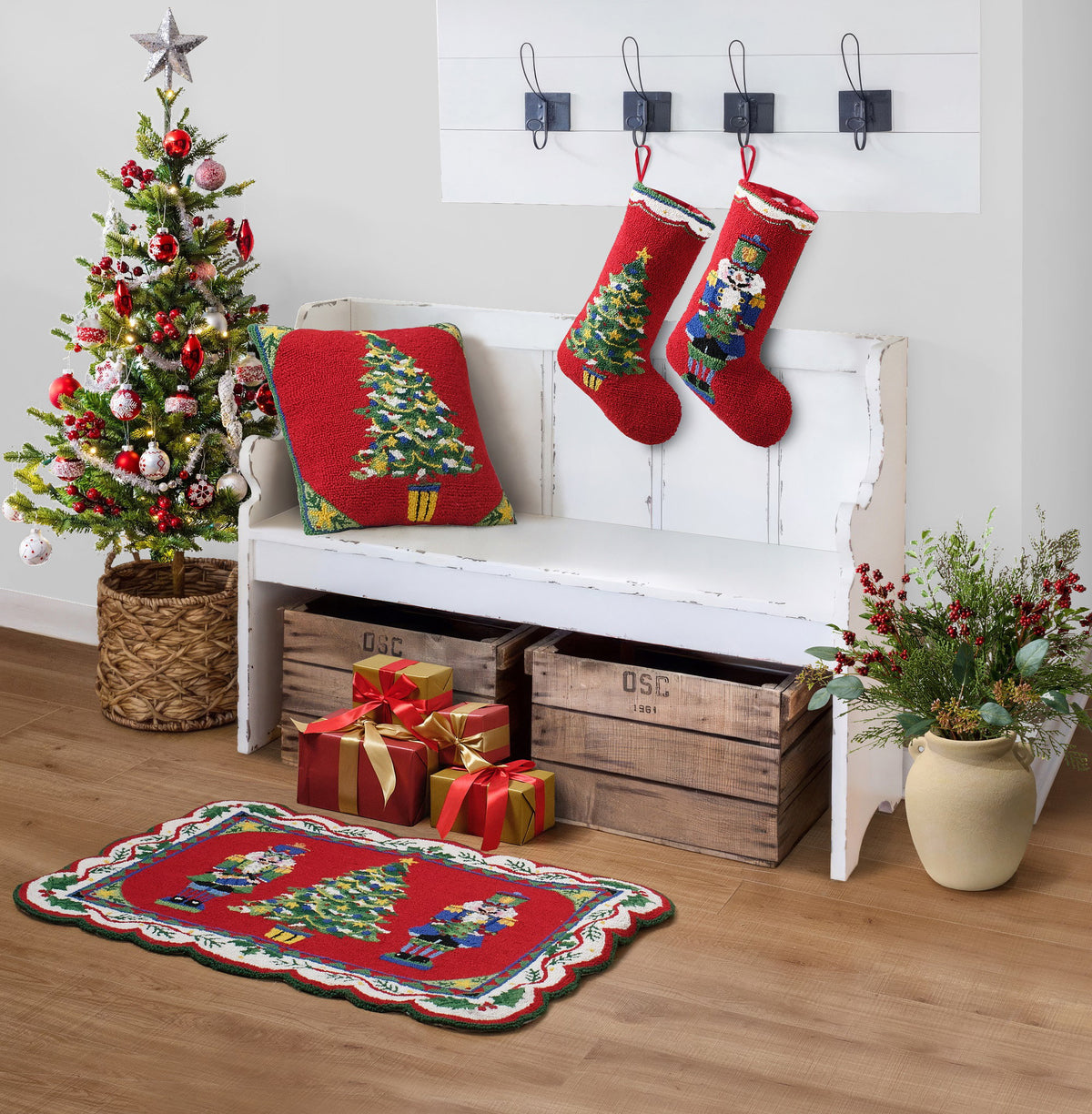 Blue Nutcracker Hooked Wool Christmas Stocking shown alongside other designs in the same collection, 12x20 inch