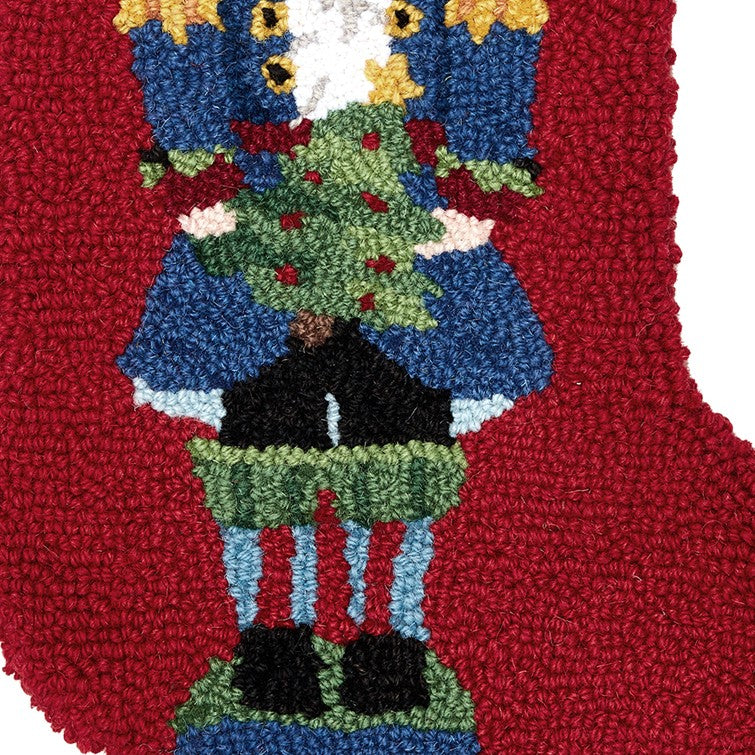 Blue Nutcracker Hooked Wool Christmas Stocking, close-up detail