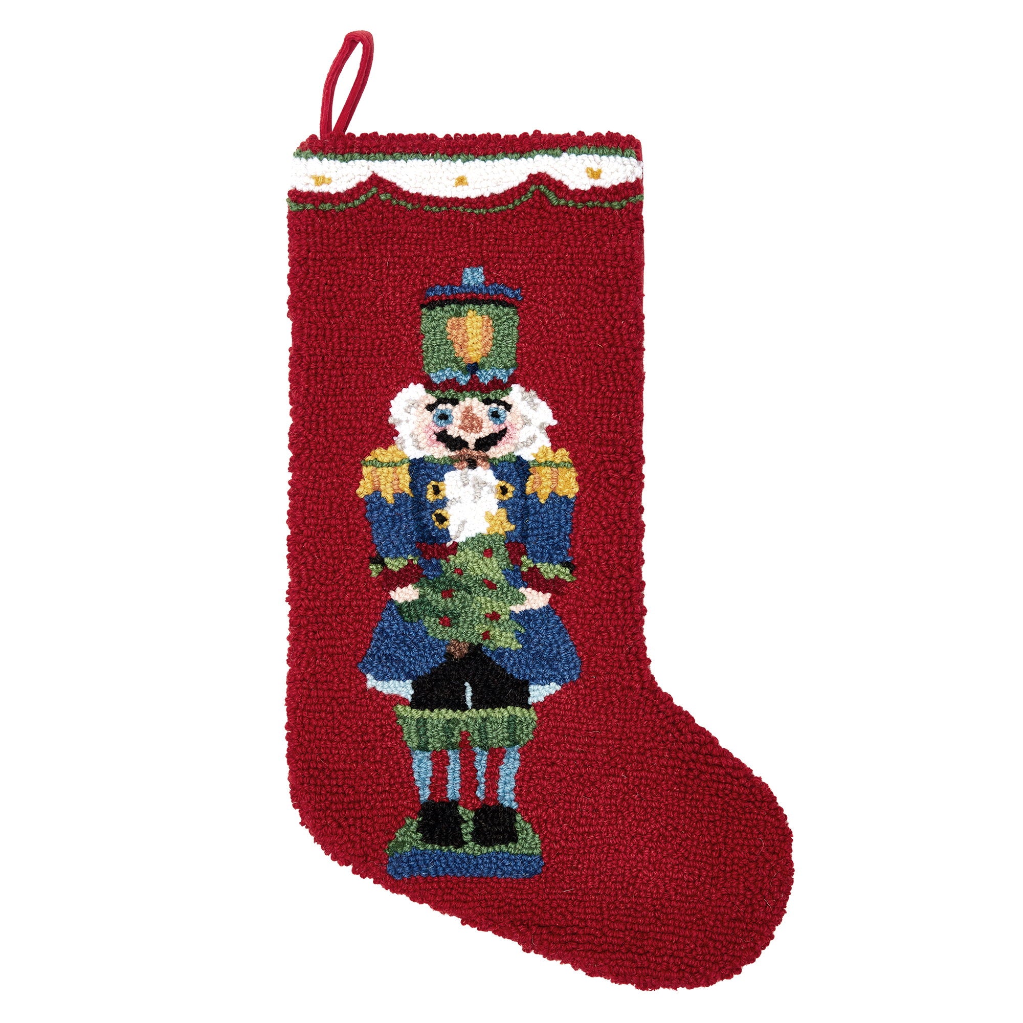 Blue Nutcracker Hooked Wool Christmas Stocking, 12x20 inch, front view