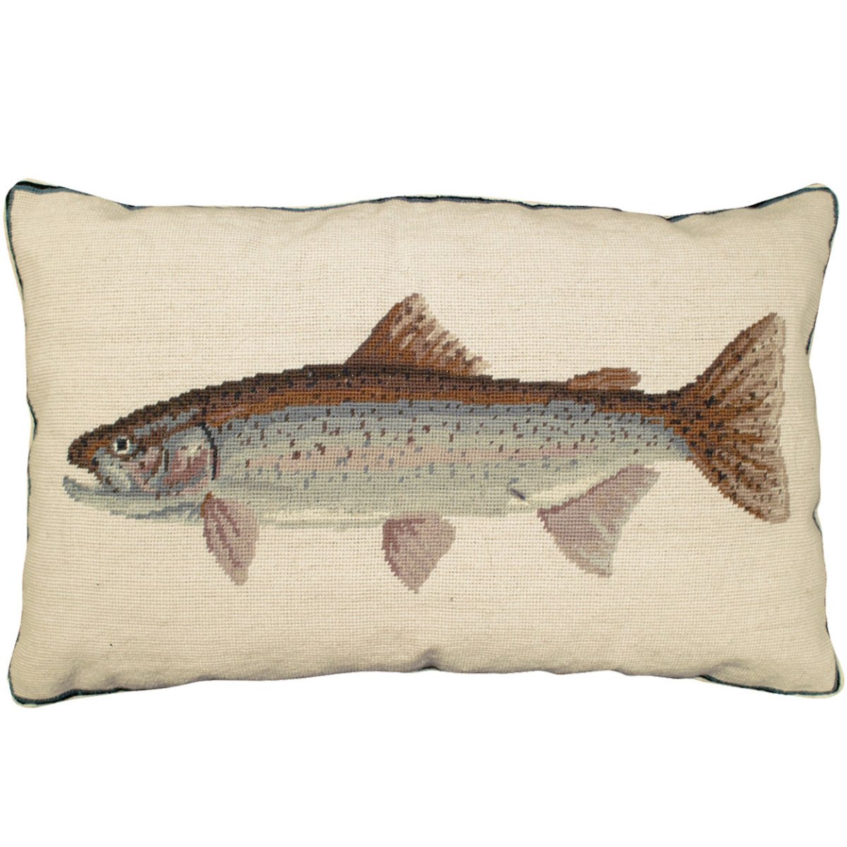 Blue Rainbow Trout Fish needlepoint throw pillow with rustic nature wildlife lodge design