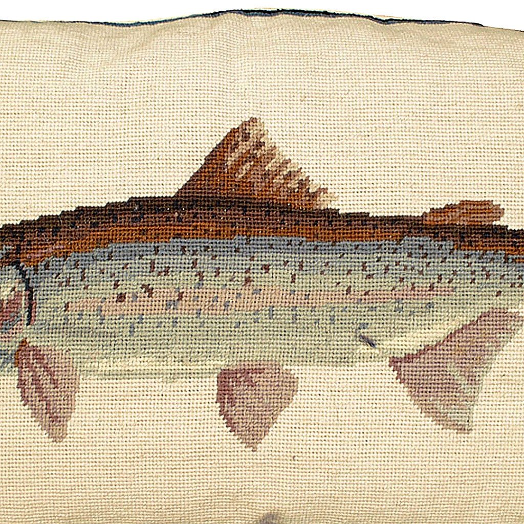 Closeup of Blue Rainbow Trout Fish Lodge needlepoint throw pillow highlighting hand-stitched wool craftsmanship and fabric detail