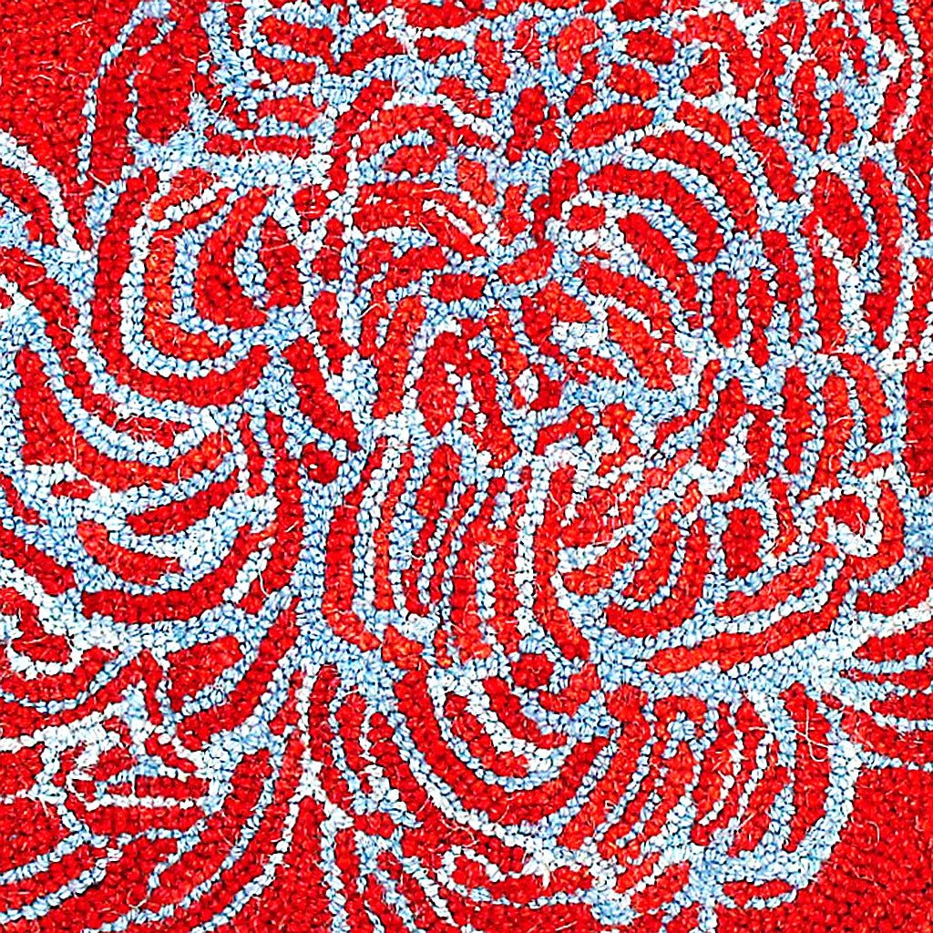 Blue Red Abstract Botanical Wool Hooked pillow fabric closeup showing hand-embroidered needlepoint wool texture and color detail