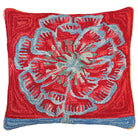 Blue Red Abstract Flower hooked wool throw pillow with botanical floral design