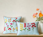 Blue Stripe Floral Embroidered Throw Pillow shown alongside other designs in the same collection, 16x16 inch