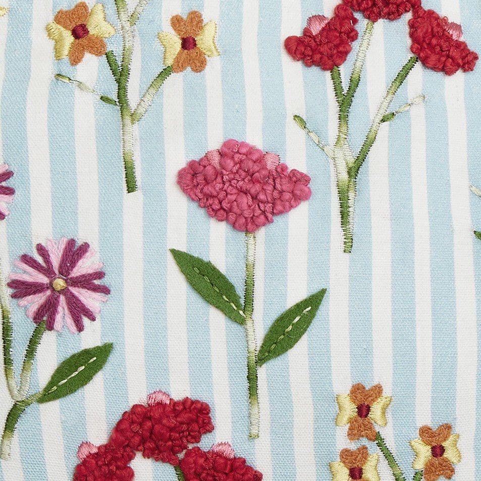 Blue Stripe Floral Embroidered Throw Pillow, close-up detail