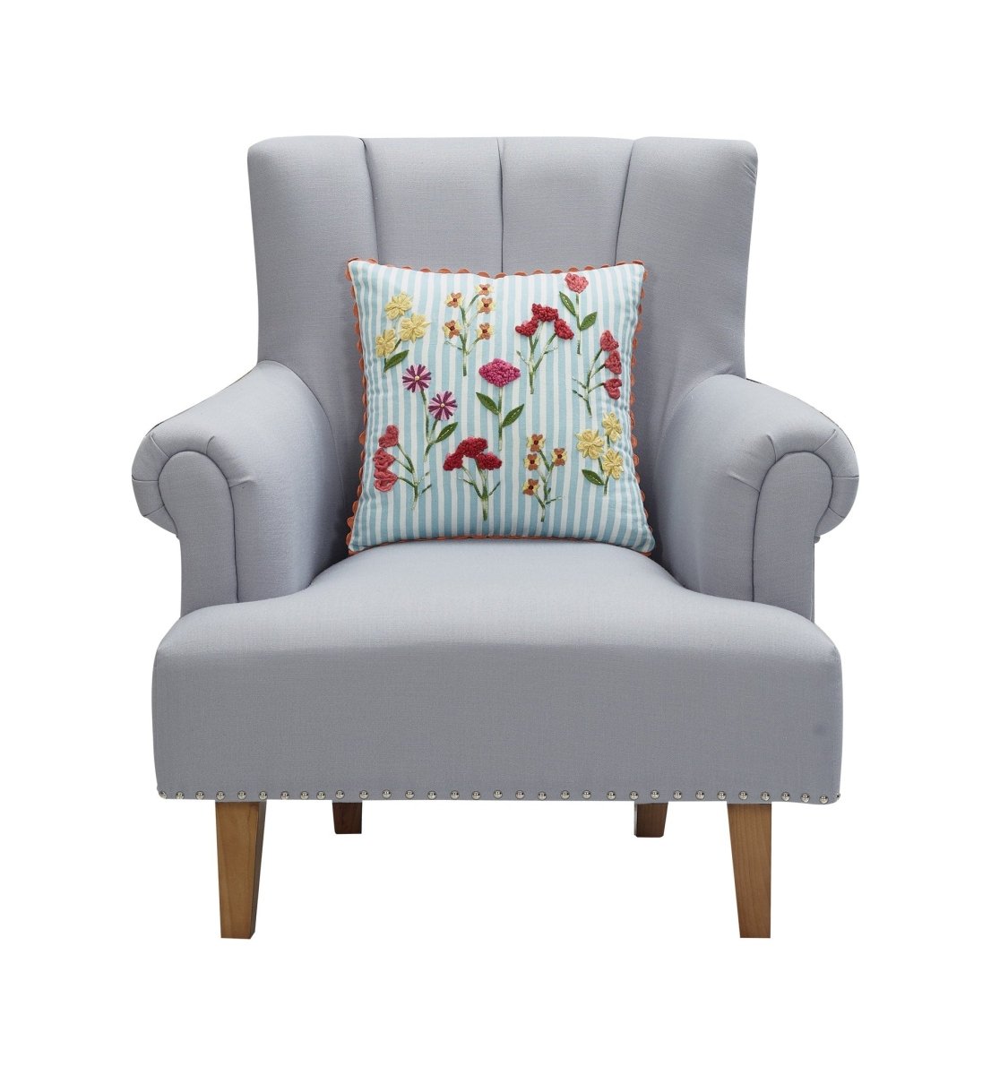 Blue Stripe Floral Embroidered Throw Pillow on an armchair, showing the throw pillow at room scale, 16x16 inch