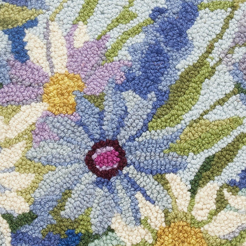 Blue Wildflowers Hooked Wool Throw Pillow, close-up detail