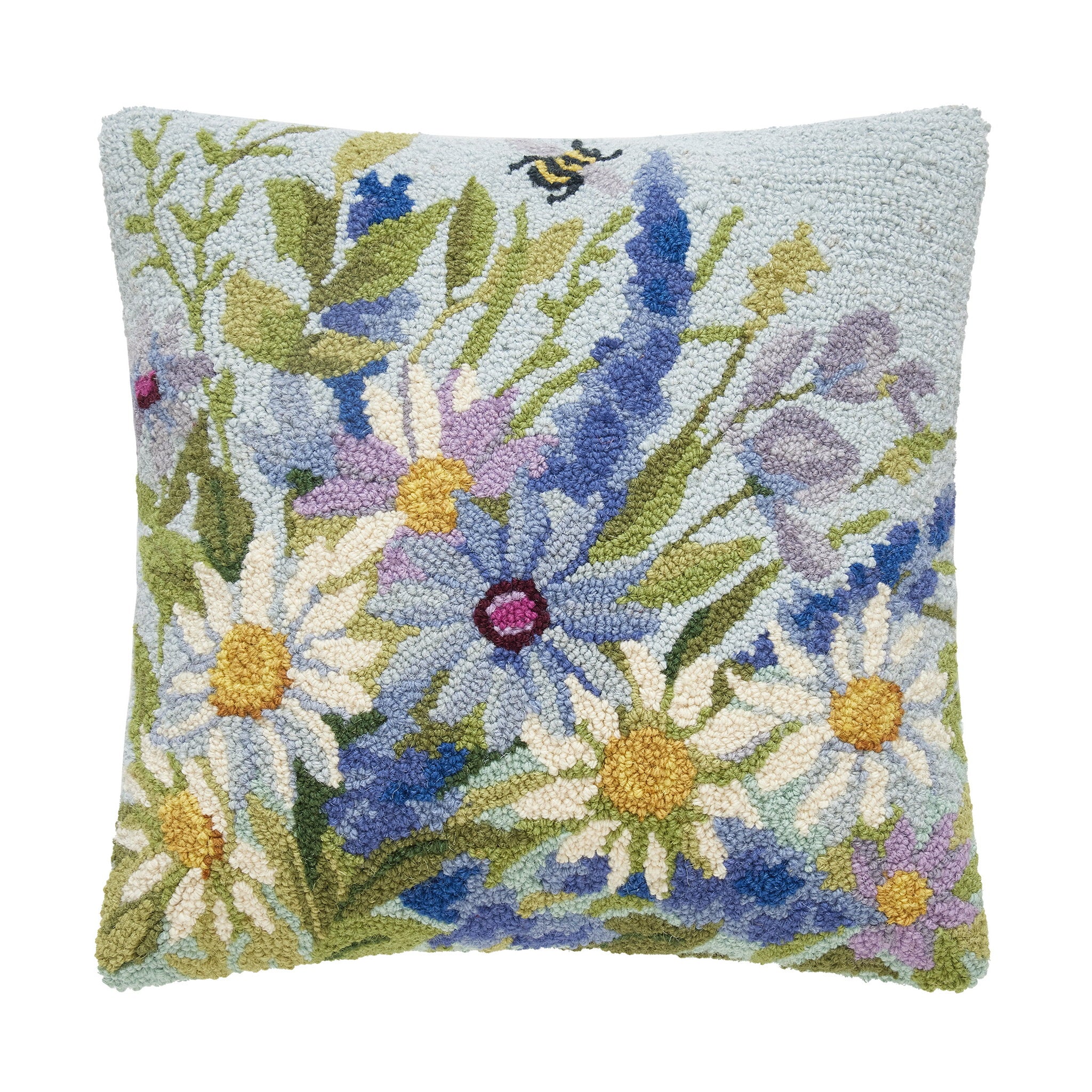 Blue Wildflowers Hooked Wool Throw Pillow, 18x18 inch, front view