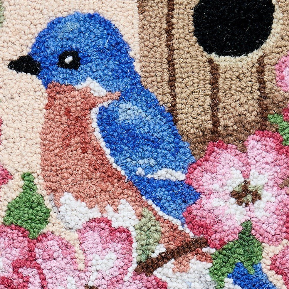 Bluebird Birdhouse Hooked Wool Throw Pillow, close-up detail