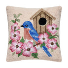 Bluebird Birdhouse Hooked Wool Throw Pillow, 16x16 inch, front view