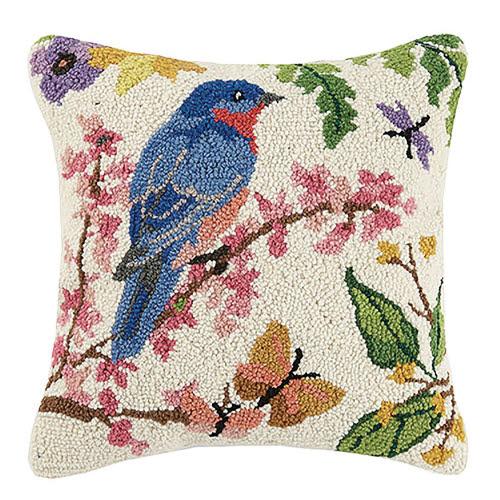 Bluebird Hooked Wool Throw Pillow, 16x16 inch, front view