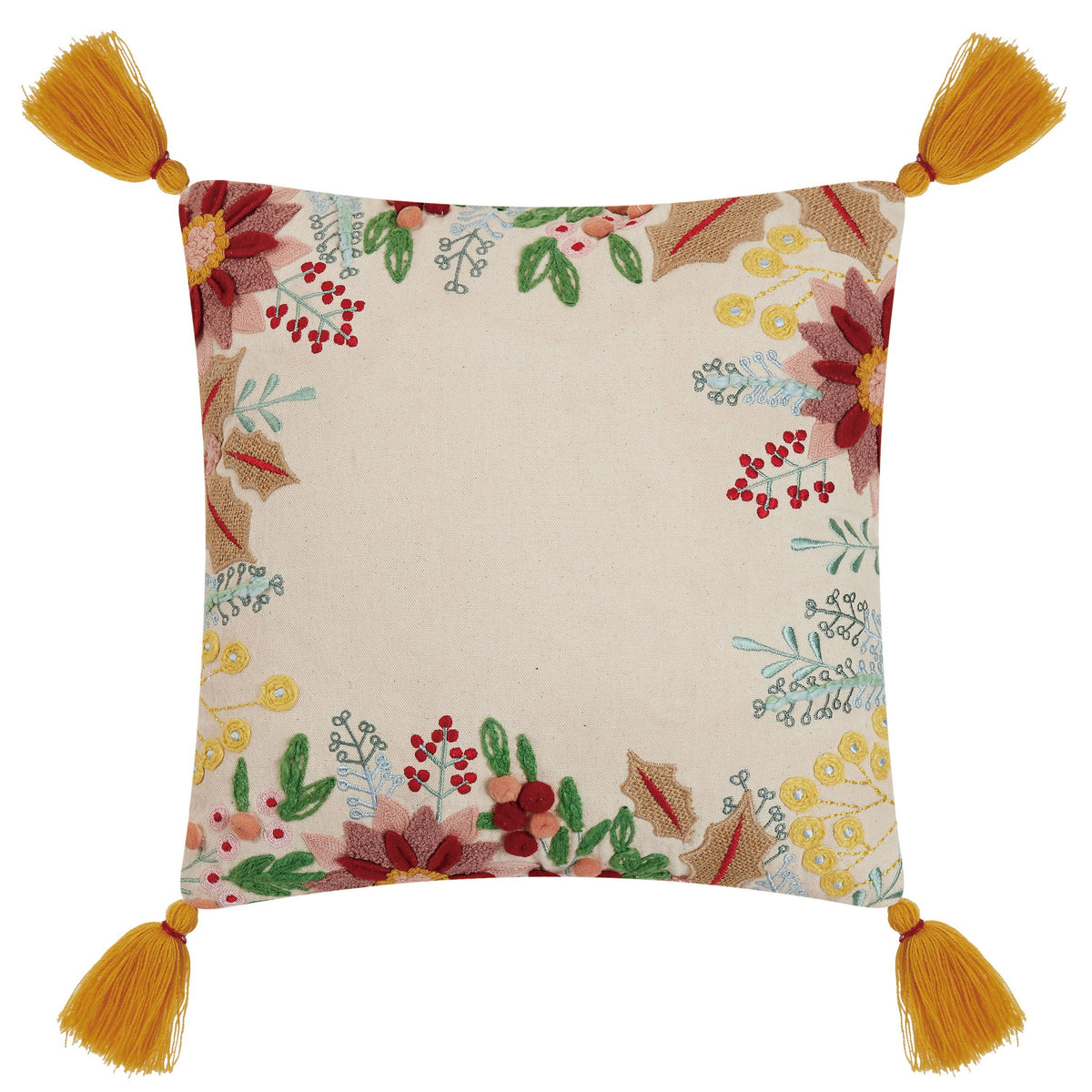 Boho Holiday Floral Embroidered Christmas Throw Pillow, 16x16 inch, front view