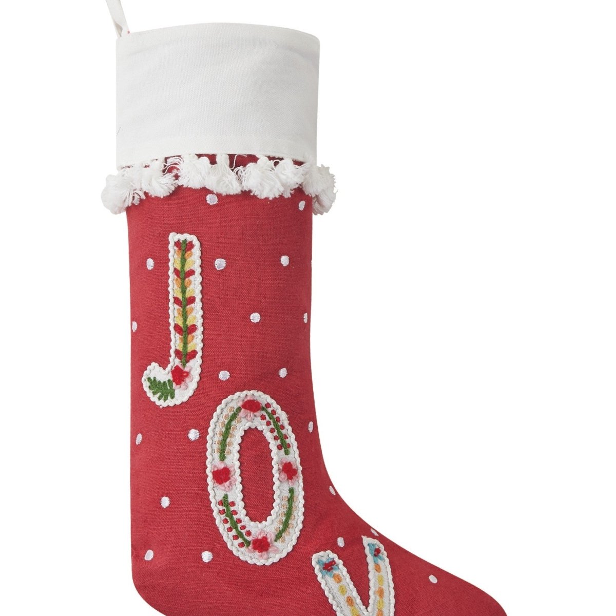 Boho Joy Embroidered Christmas Stocking, close-up detail
