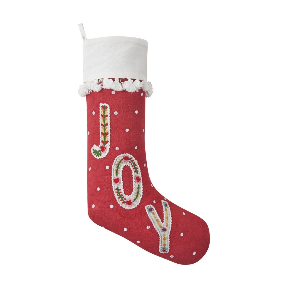 Boho Joy Embroidered Christmas Stocking, 11x19 inch, front view
