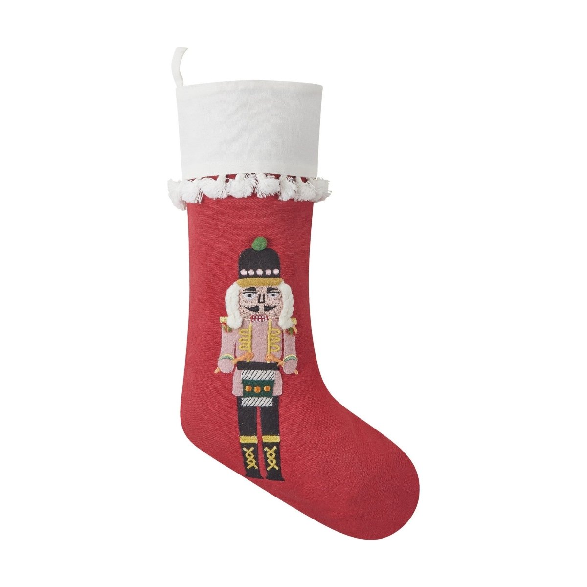 Boho Nutcracker Embroidered Christmas Stocking, 11x19 inch, front view