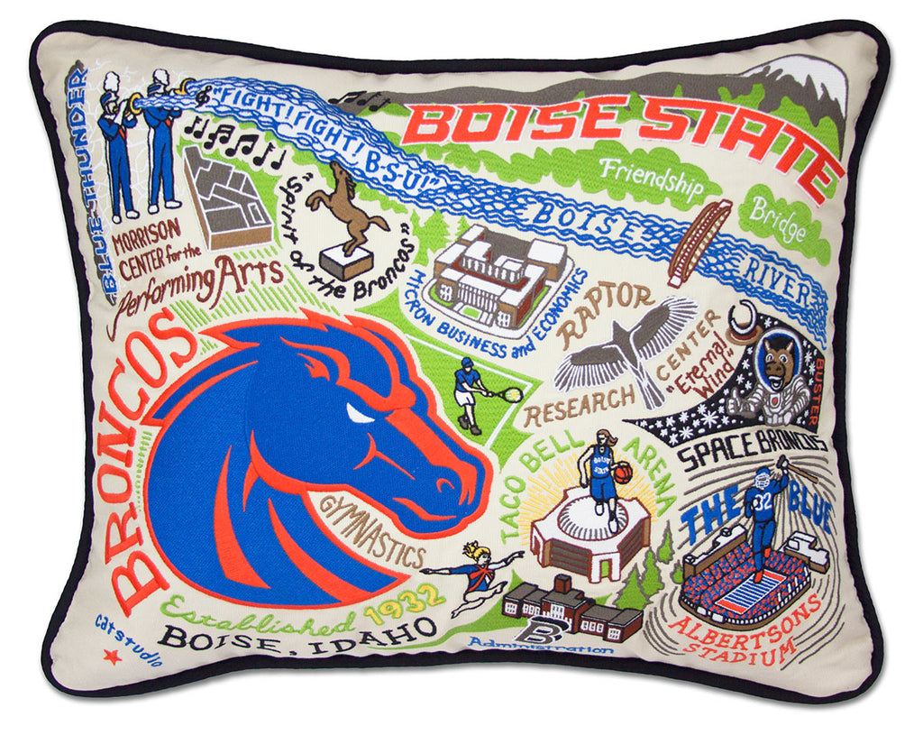 Boise State University Broncos embroidered throw pillow with school logo.