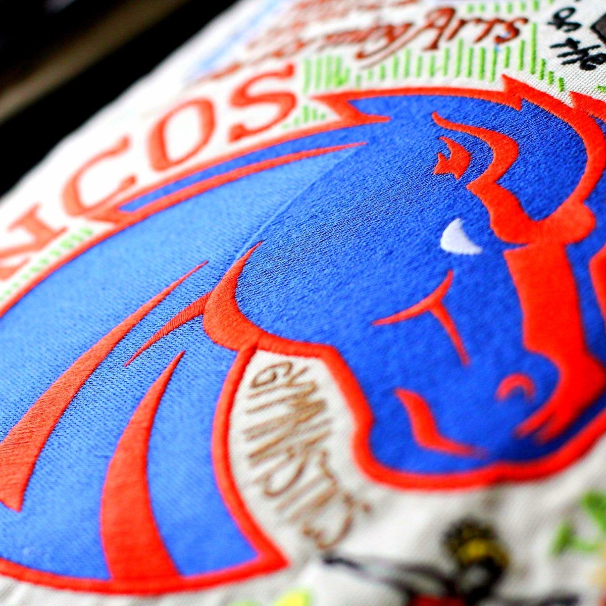 Boise State University Broncos Embroidered College Pillow - close-up detail of hand-embroidered needlepoint stitching