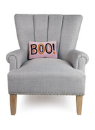 Boo Hooked Wool Halloween Throw Pillow on an armchair, showing the throw pillow at room scale, 8x12 inch
