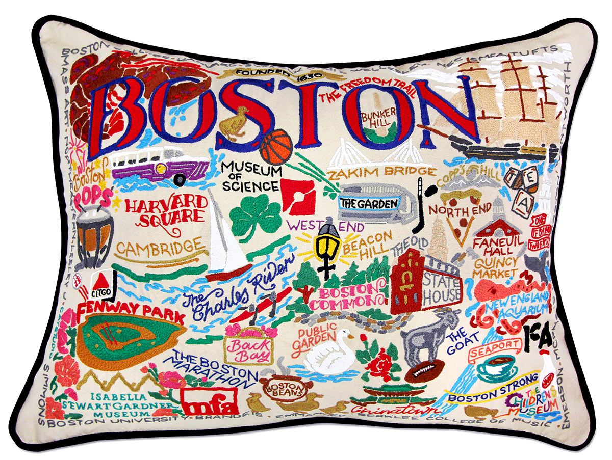 Boston, MA Freedom Trail embroidered throw pillow with historic landmarks.