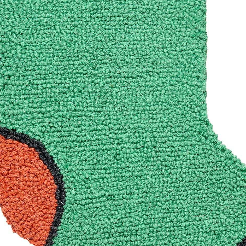 Bow Green & Red Hooked Wool Christmas Stocking, close-up detail