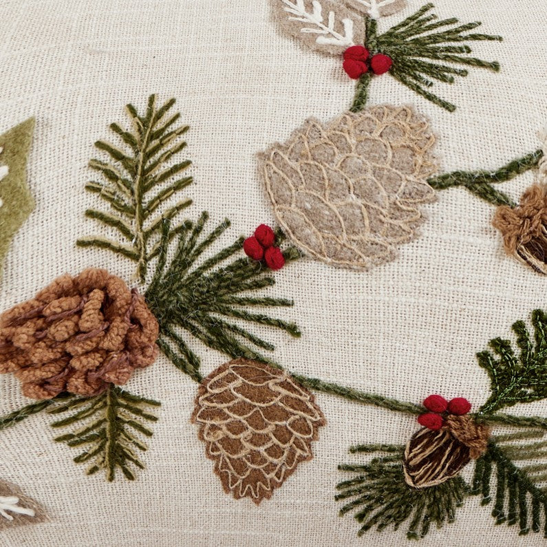 Branches Embroidered Christmas Throw Pillow, close-up detail