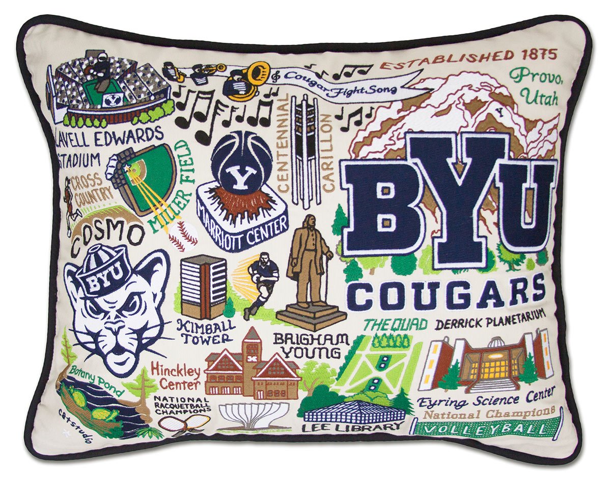Brigham Young University Cougars hand-embroidered throw pillow featuring school colors and mascot imagery