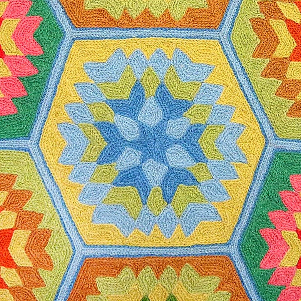 Hand-stitched wool detail of Bright Blue and Green 60s Boho Abstract needlepoint pillow showing intricate weave pattern and texture