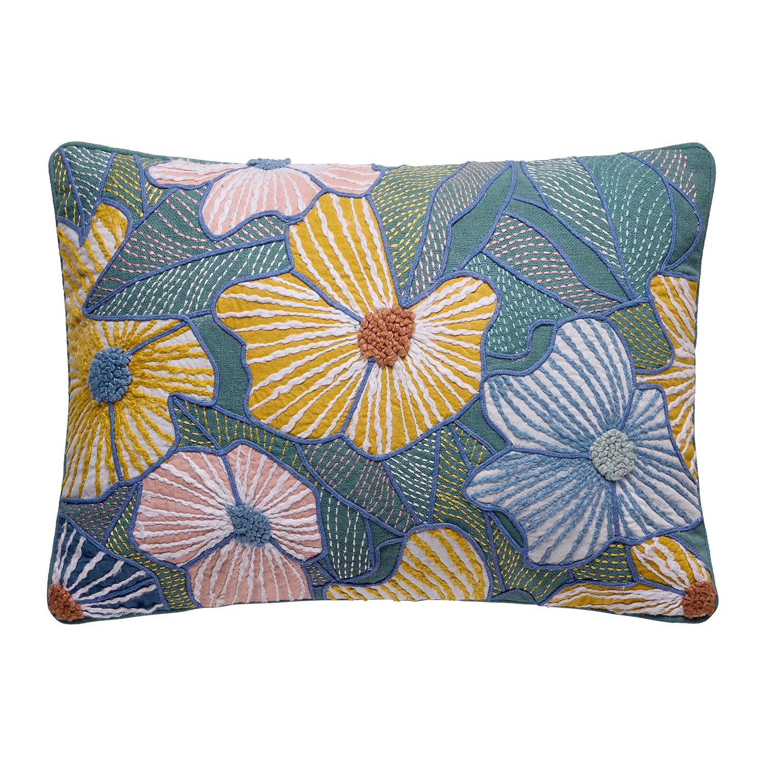 Bright Flowers Embroidered Throw Pillow, 14x20 inch, front view