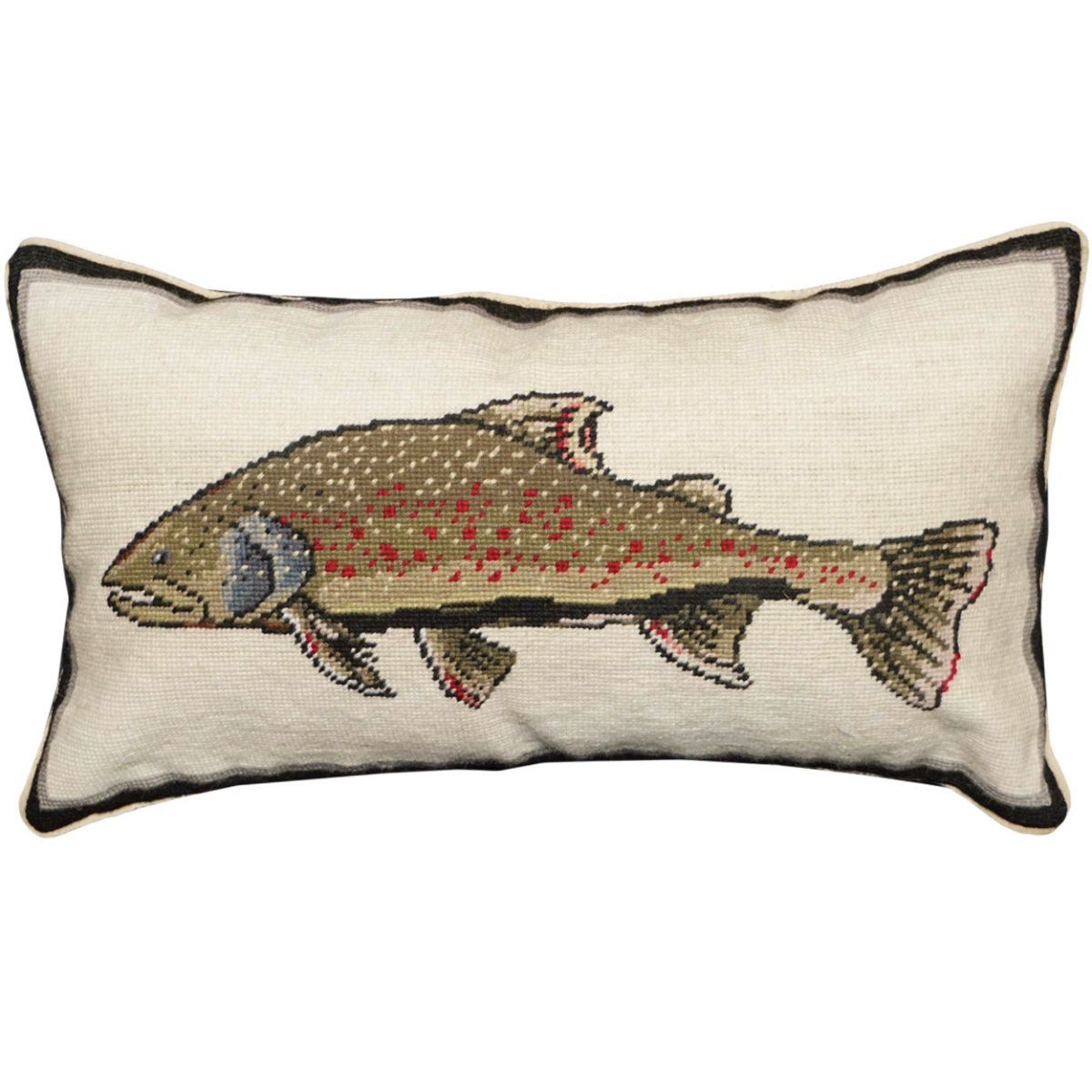 Brown Bull Trout needlepoint throw pillow with rustic nature wildlife lodge design