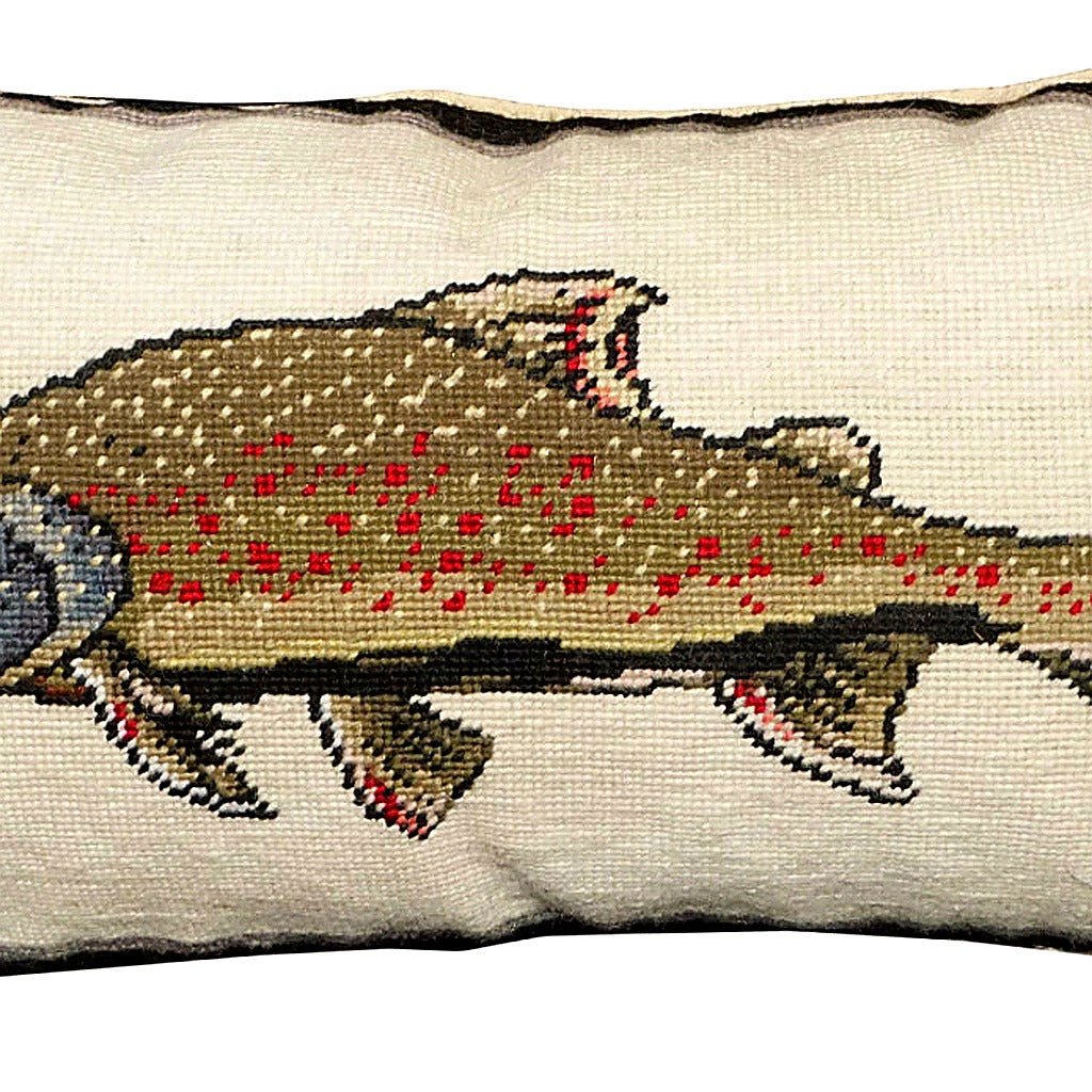 Brown Bull Trout Wildlife Lodge pillow fabric closeup showing hand-embroidered needlepoint wool texture and color detail
