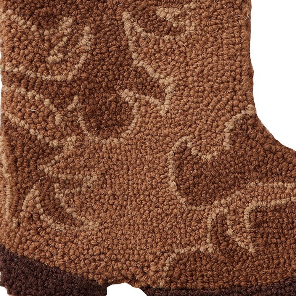 Closeup of Brown Cowboy Boot Hooked Wool Christmas Stocking showing stitch texture and craftsmanship detail