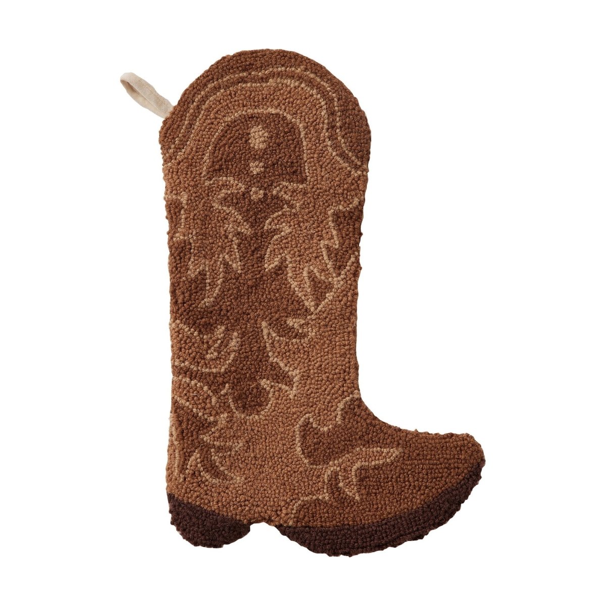 Brown Cowboy Boot Hooked Wool Christmas Stocking, 12x20 inch, front view