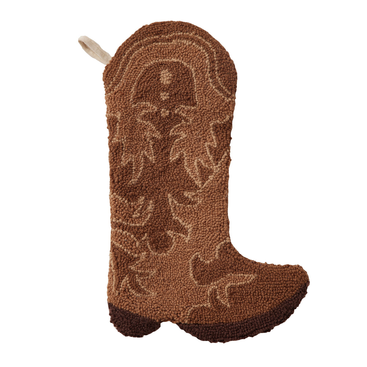 Brown Cowboy Boot Hooked Wool Christmas Stocking, 12x20 inch, front view