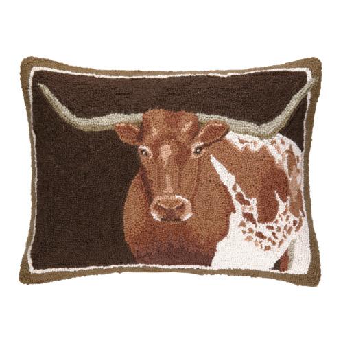 Brown Portrait Longhorn Hooked Wool Throw Pillow, 16x22 inch, front view