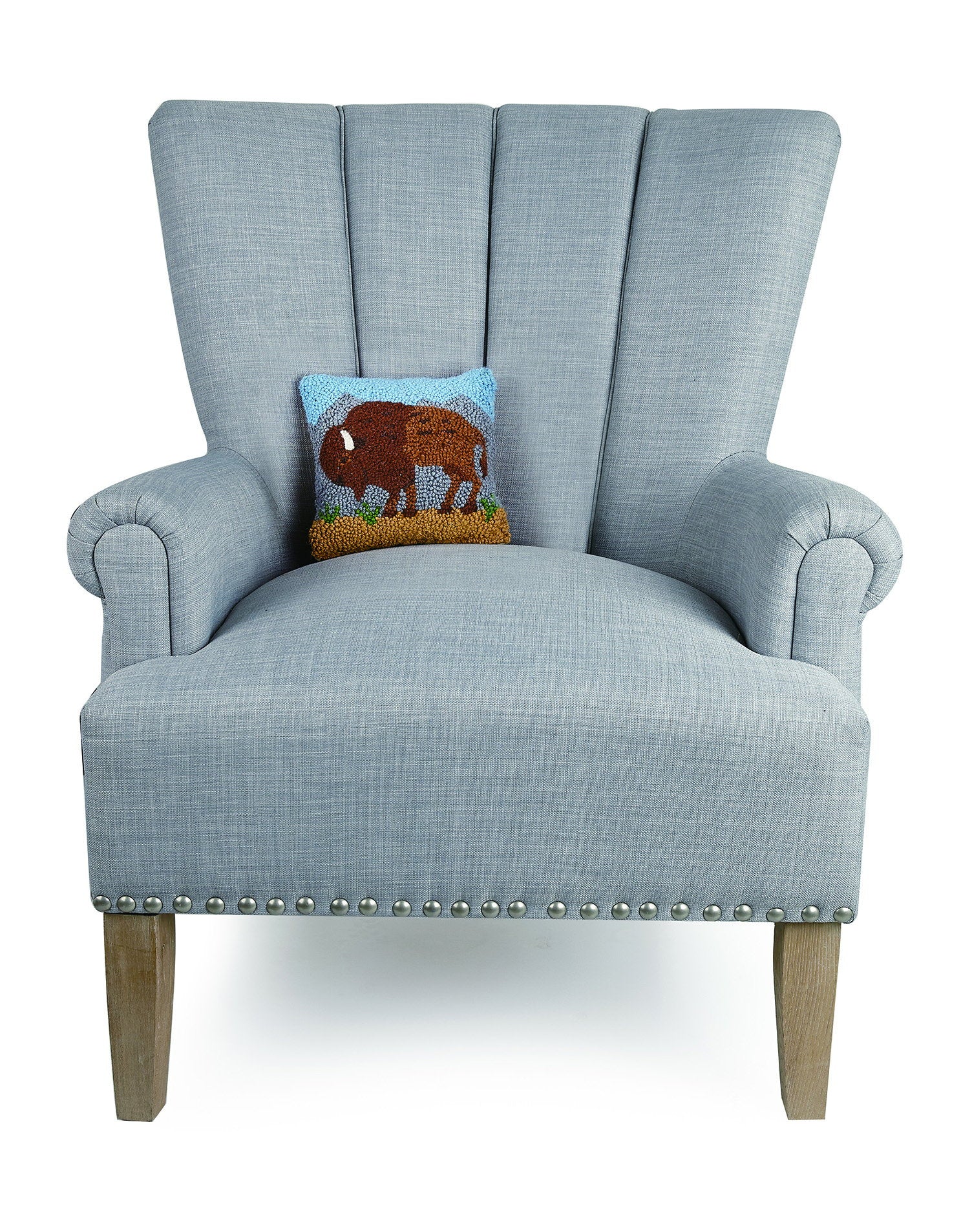 Buffalo Hooked Wool Throw Pillow on an armchair, showing the throw pillow at room scale, 8x8 inch