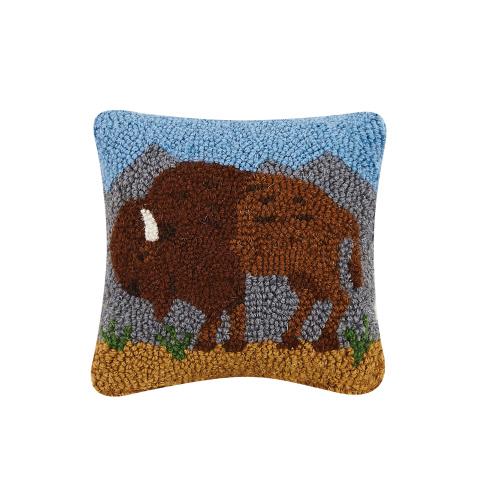 Buffalo Hooked Wool Throw Pillow, 8x8 inch, front view