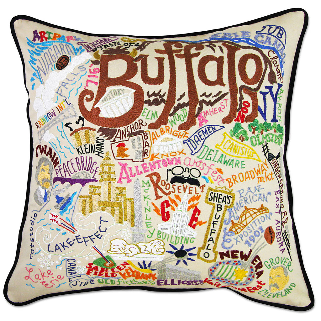 Buffalo, NY Waterfront City embroidered throw pillow with waterfront design.
