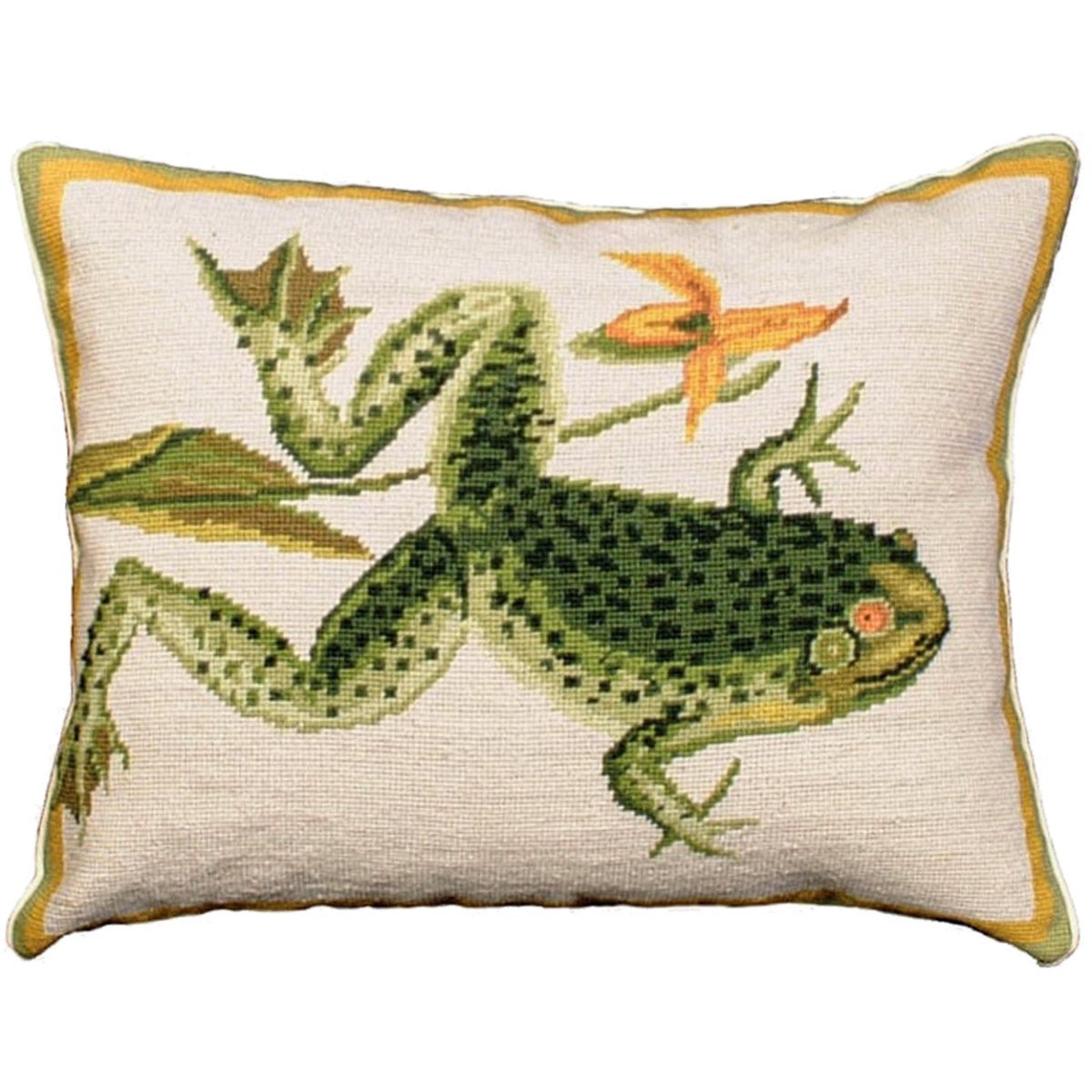 Bull Frog needlepoint throw pillow with rustic nature wildlife lodge design