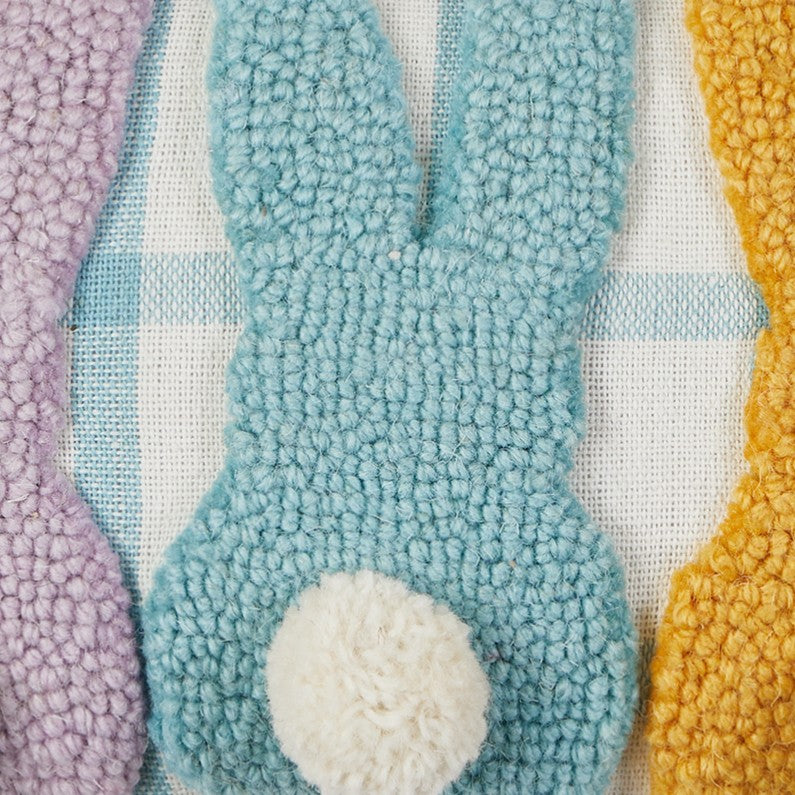 Bunny Pom Poms Tails Hooked Wool Easter Throw Pillow, close-up detail
