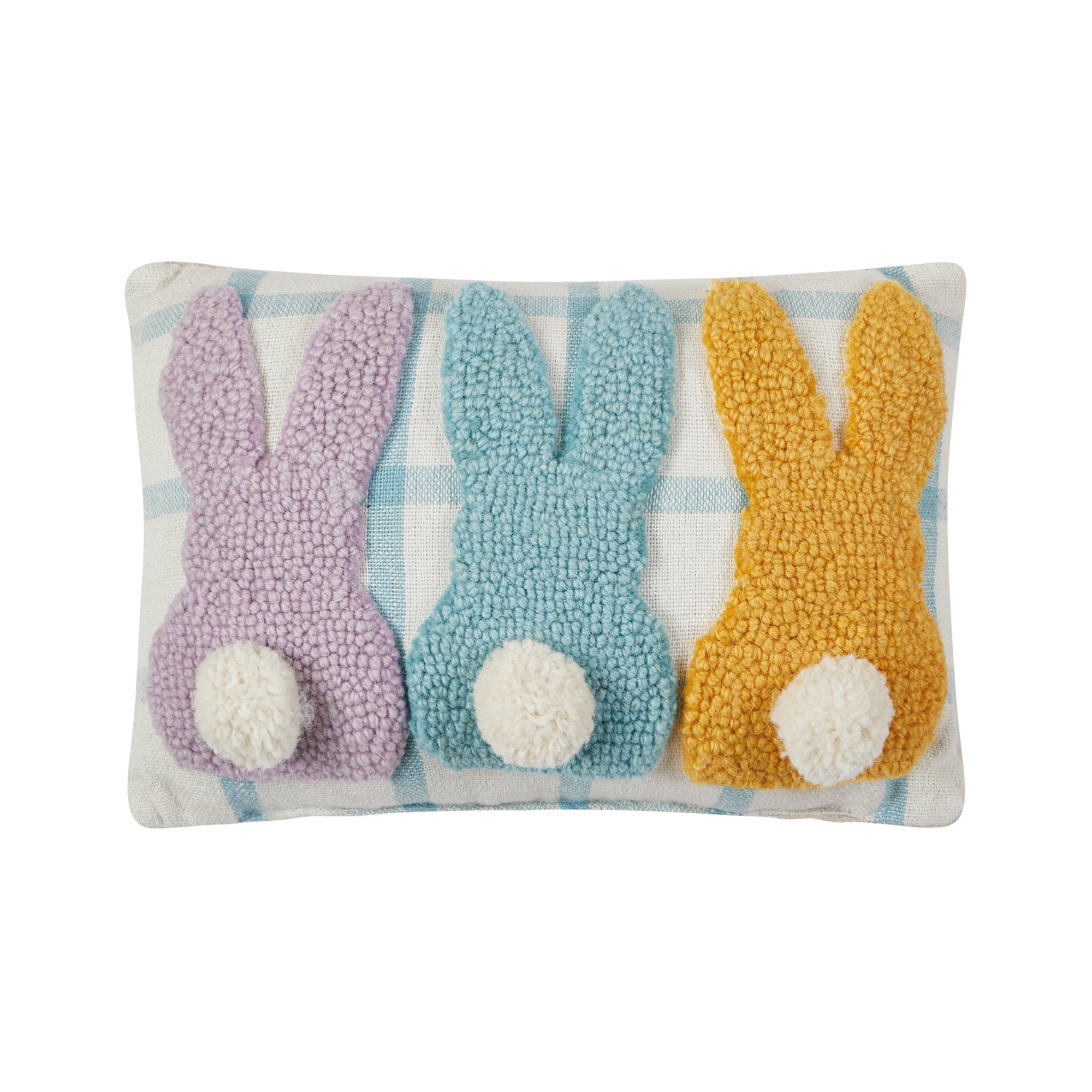 Bunny Pom Poms Tails Hooked Wool Easter Throw Pillow, 8x12 inch, front view