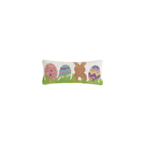 Bunny with Eggs Hooked Wool Easter Throw Pillow, 12x5 inch, front view
