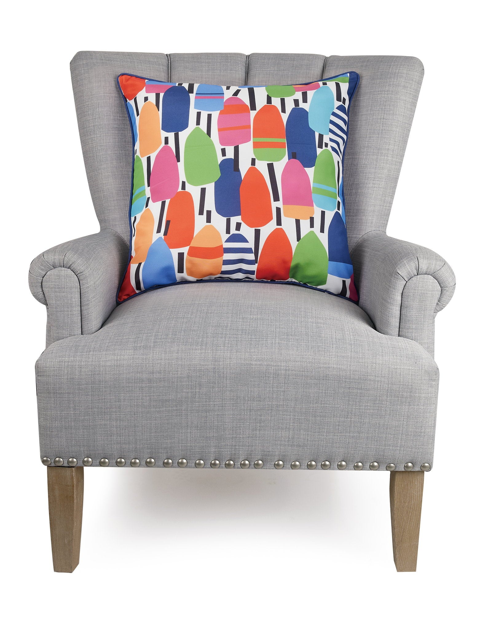 Buoy Printed Throw Pillow on an armchair, showing the throw pillow at room scale, 20x20 inch