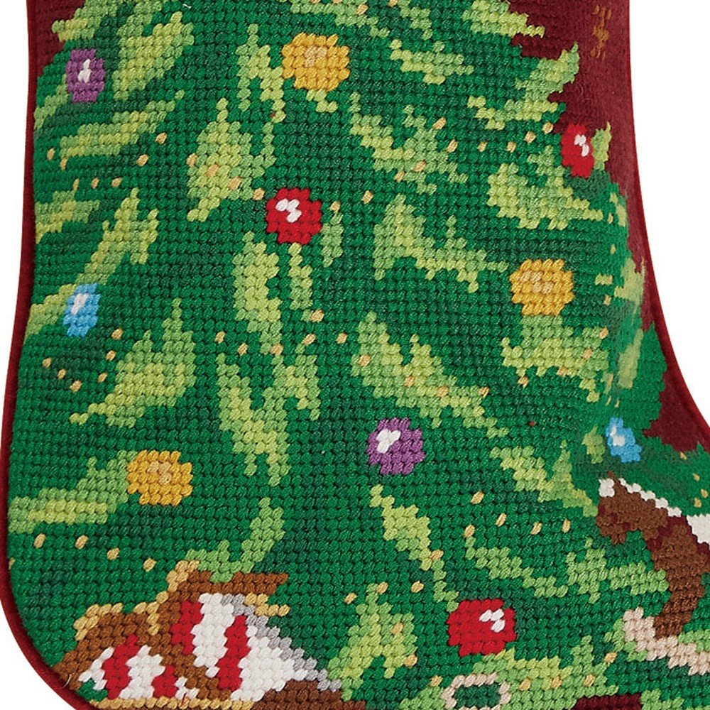 Closeup of Burgundy Gold Swag Christmas Tree Embroidered Needlepoint Stocking showing stitch texture and craftsmanship detail