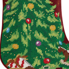 Closeup of Burgundy Gold Swag Christmas Tree Embroidered Needlepoint Stocking showing stitch texture and craftsmanship detail