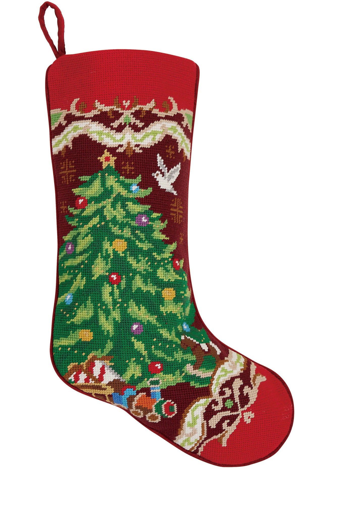 Burgundy Gold Swag Christmas Tree Embroidered Needlepoint Stocking, 11x18 inch, front view