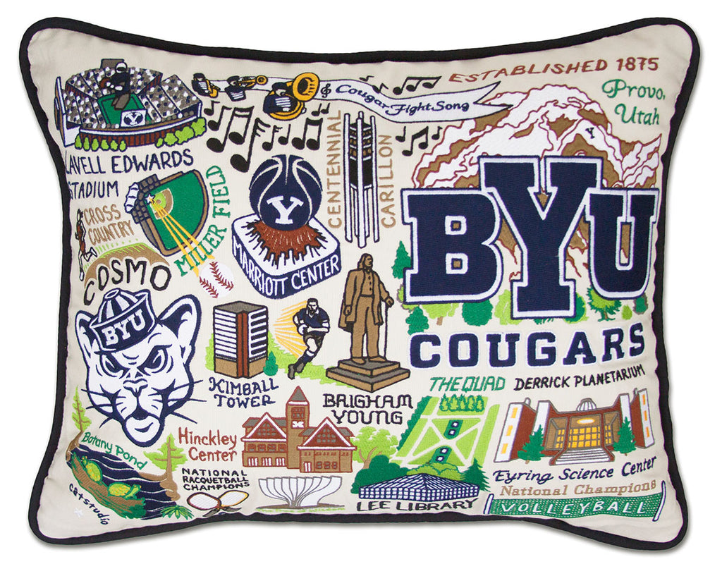 Brigham Young University BYU Cougars embroidered pillow with school mascot.