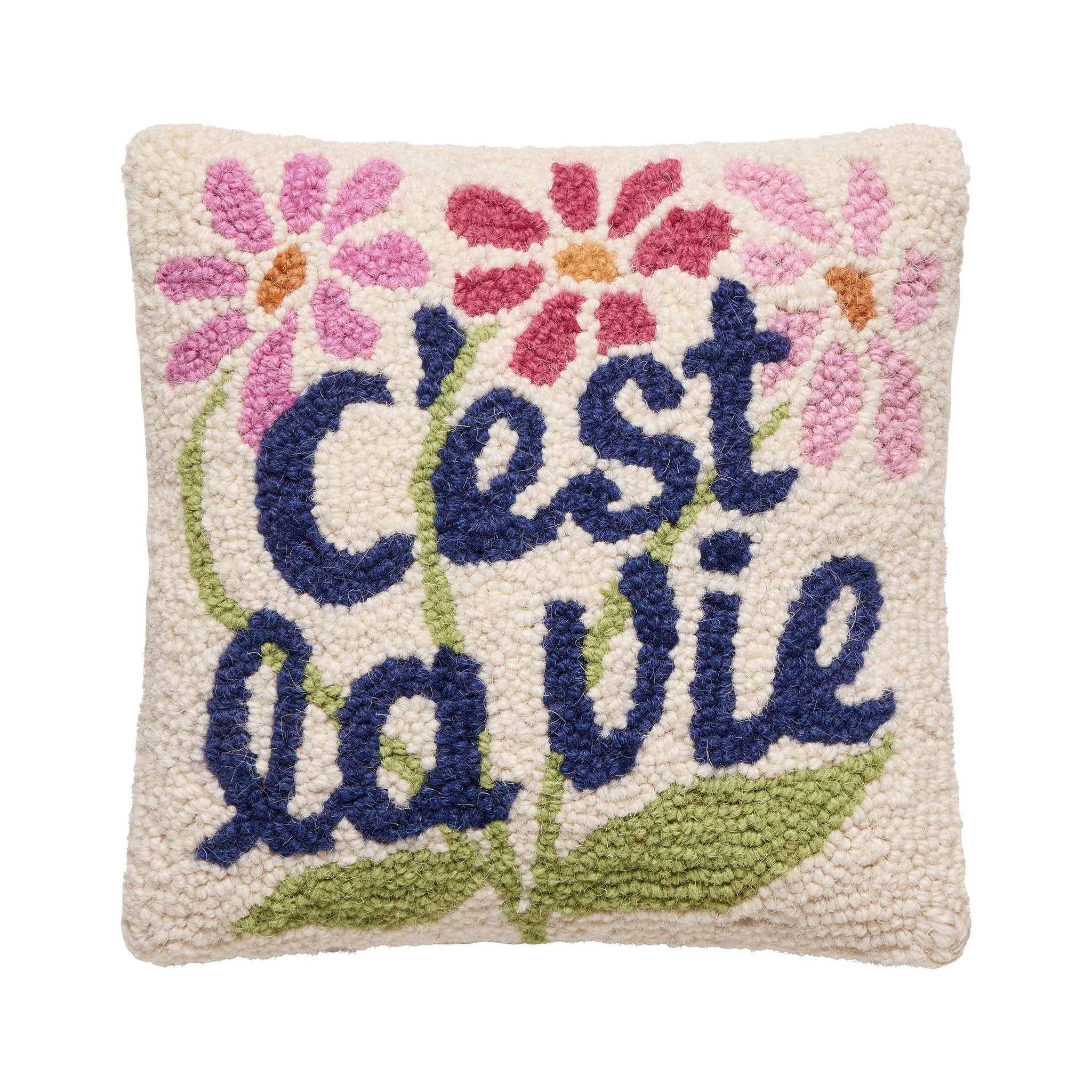 C'est La Vie Hooked Wool Throw Pillow, 10x10 inch, front view