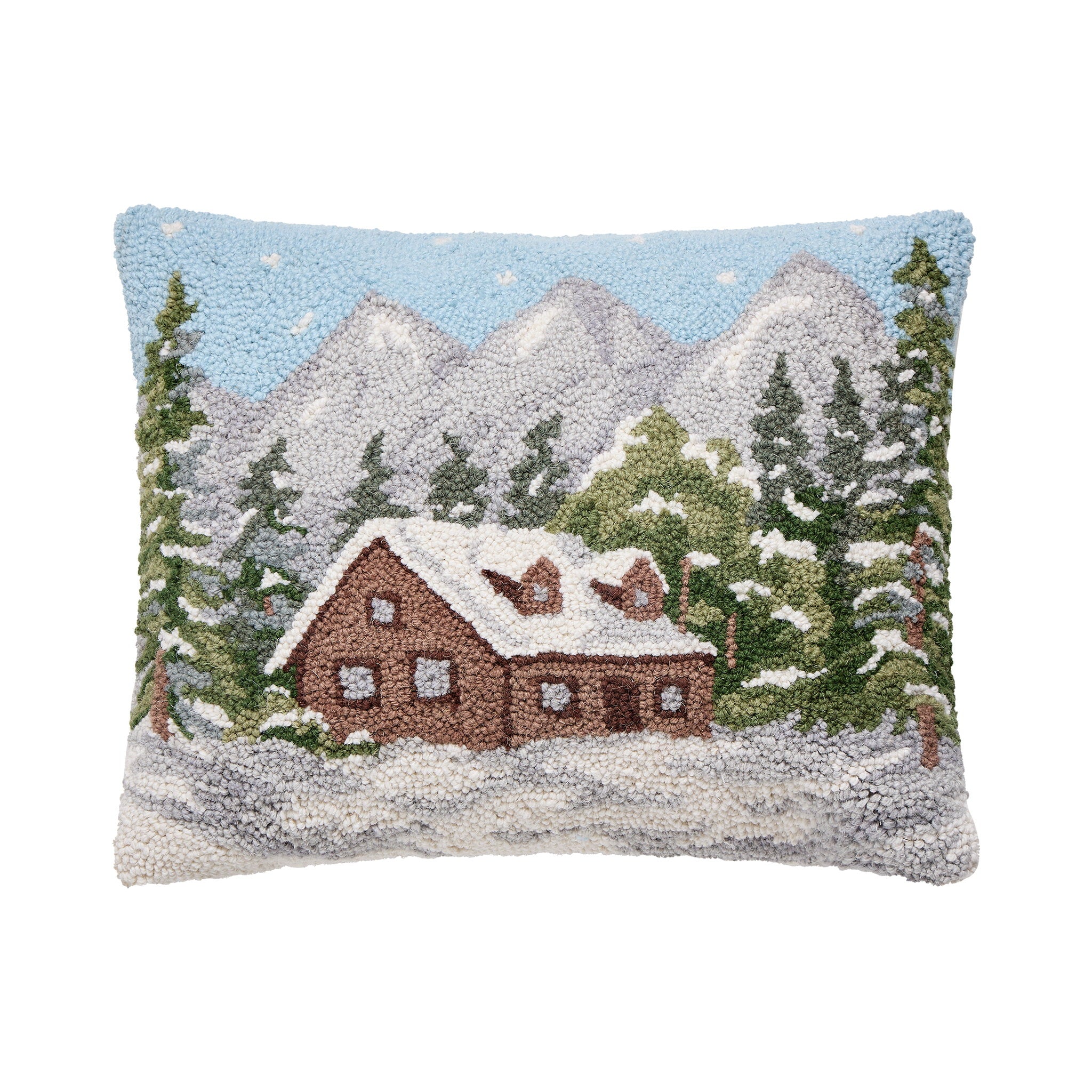Cabin Hooked Wool Christmas Throw Pillow, 14x18 inch, front view