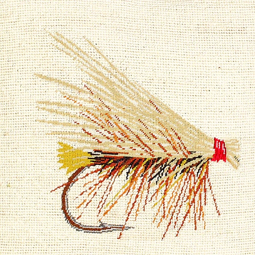 Hand-stitched wool detail of Caddis Dry Fly Fishing Lodge needlepoint pillow showing intricate weave pattern and texture